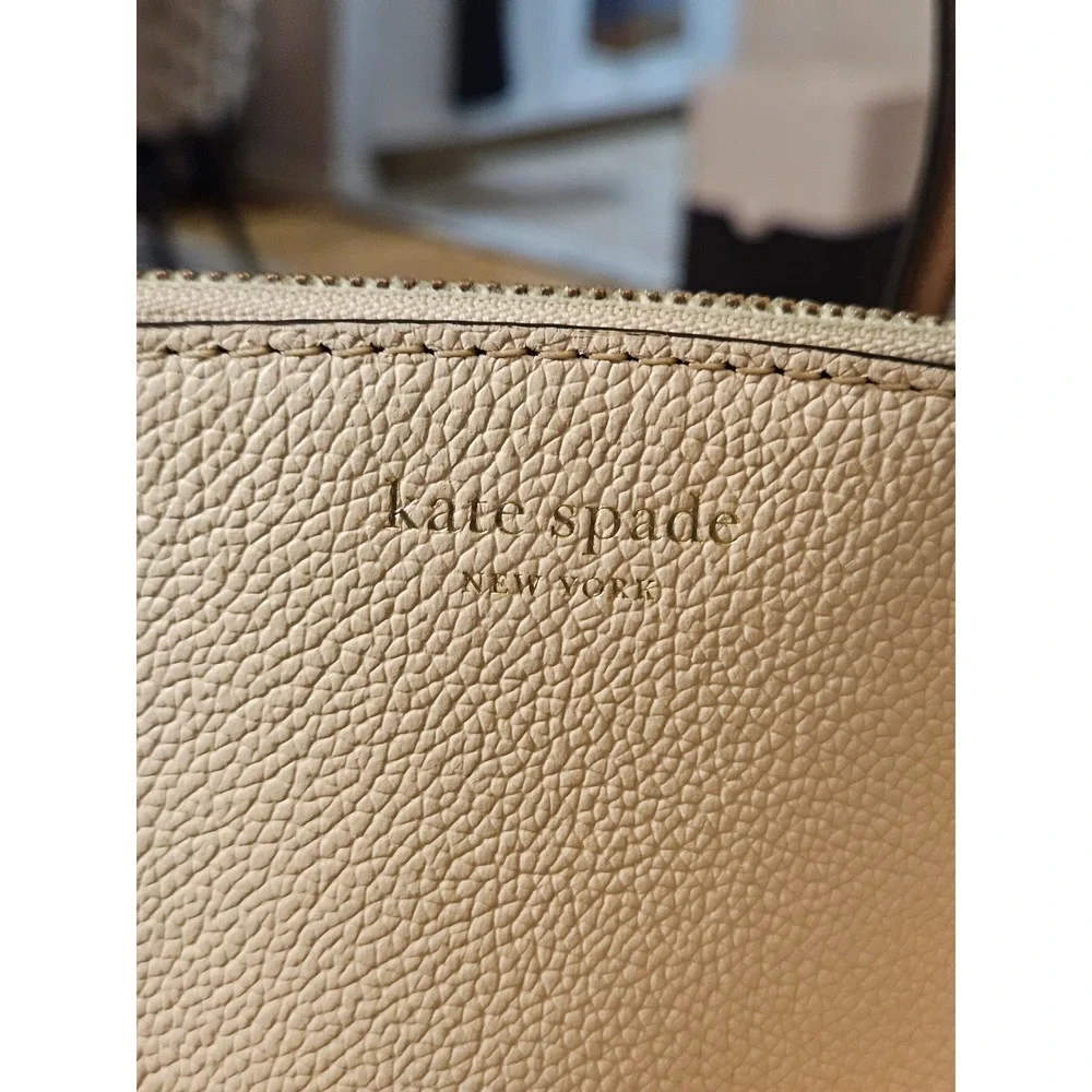 Kate Spade New York Beige Pebbled Leather Tote Bag with Scarf and Heart Charm